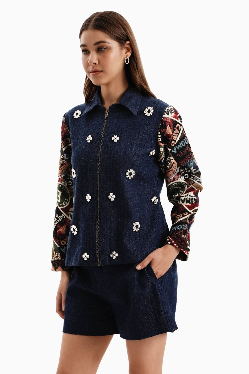 Dark Herringbone Jacket Set with Stamp Jacquard Sleeves