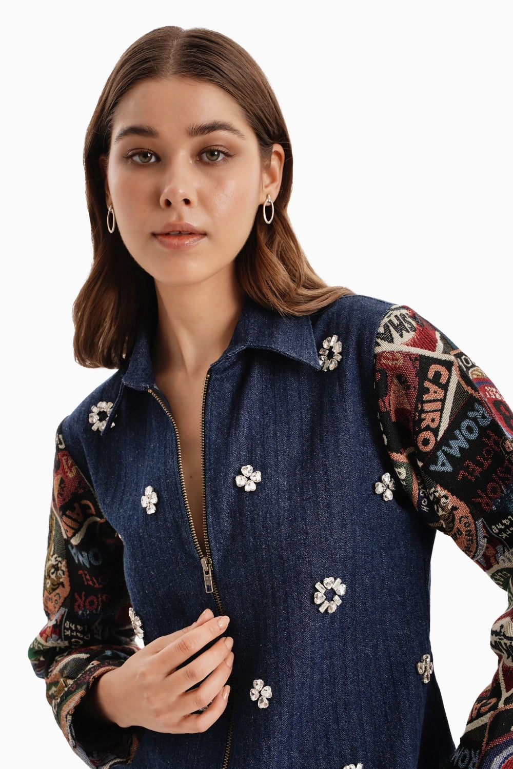 Dark Herringbone Jacket Set with Stamp Jacquard Sleeves