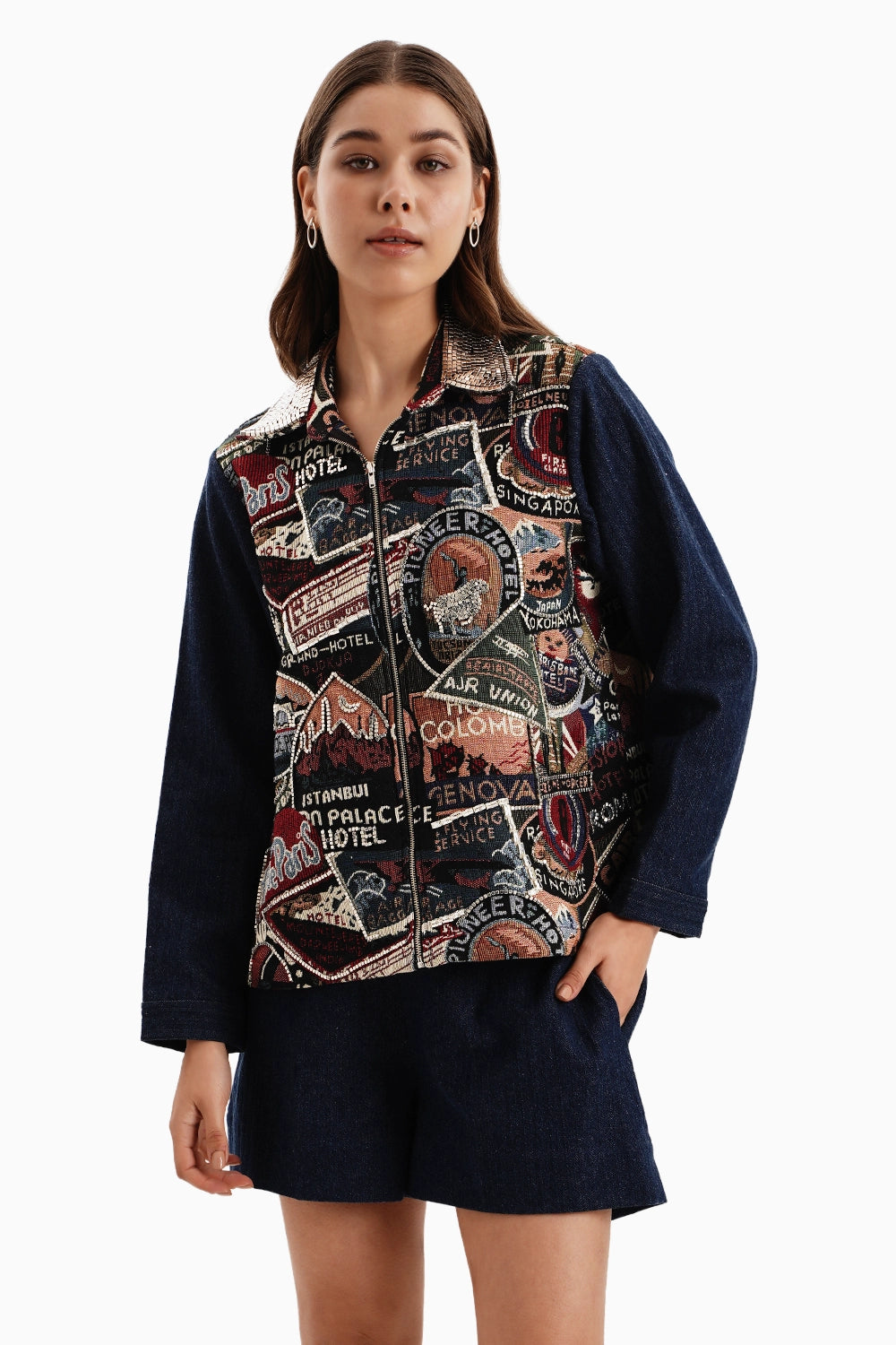 Stamp Jacquard Jacket Set With Dark Herringbone Sleeves