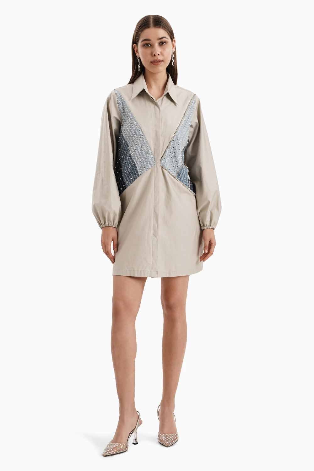 Taupe Cotton 3 Panel Denim Shirt Dress