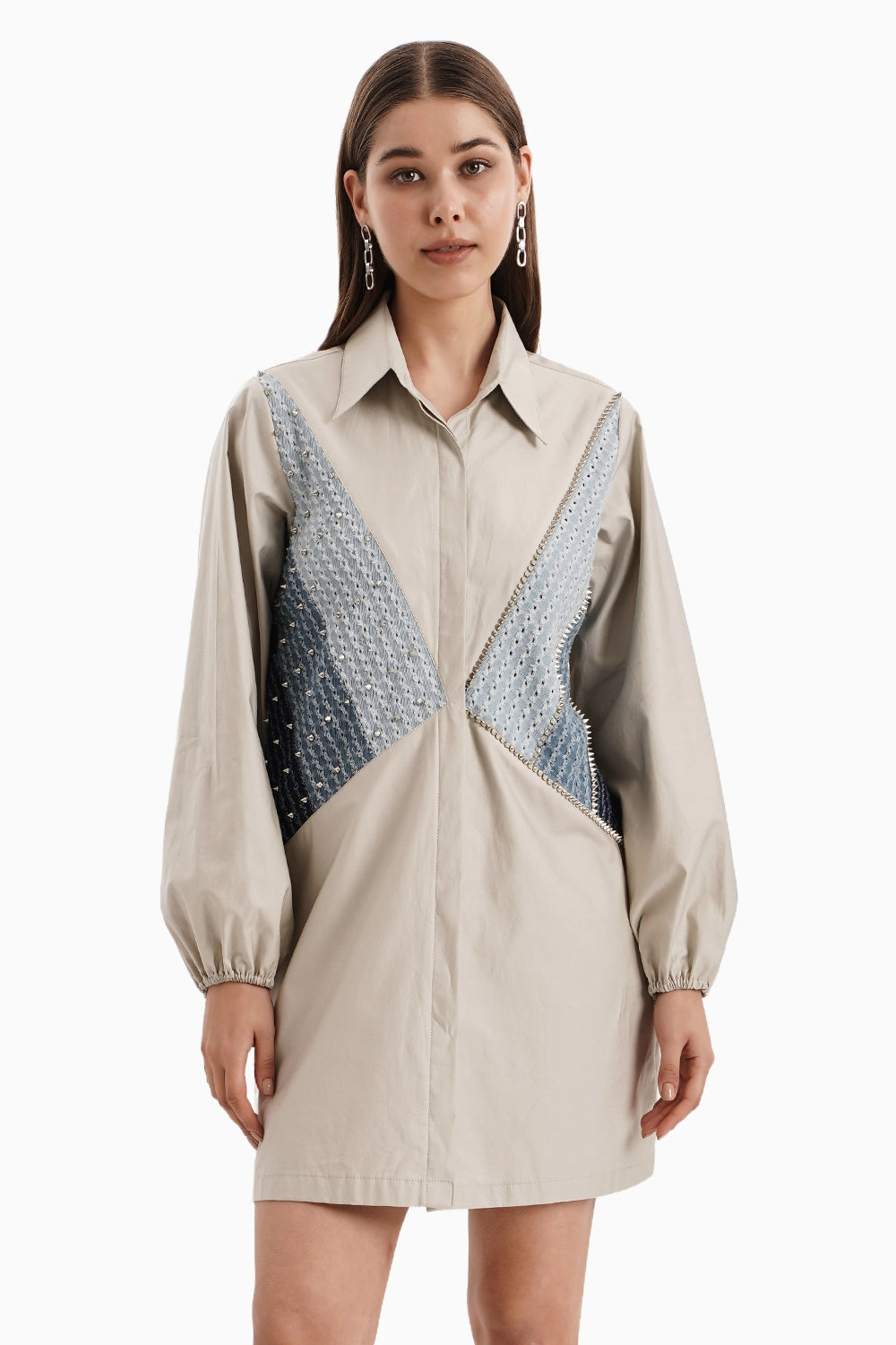 Taupe Cotton 3 Panel Denim Shirt Dress