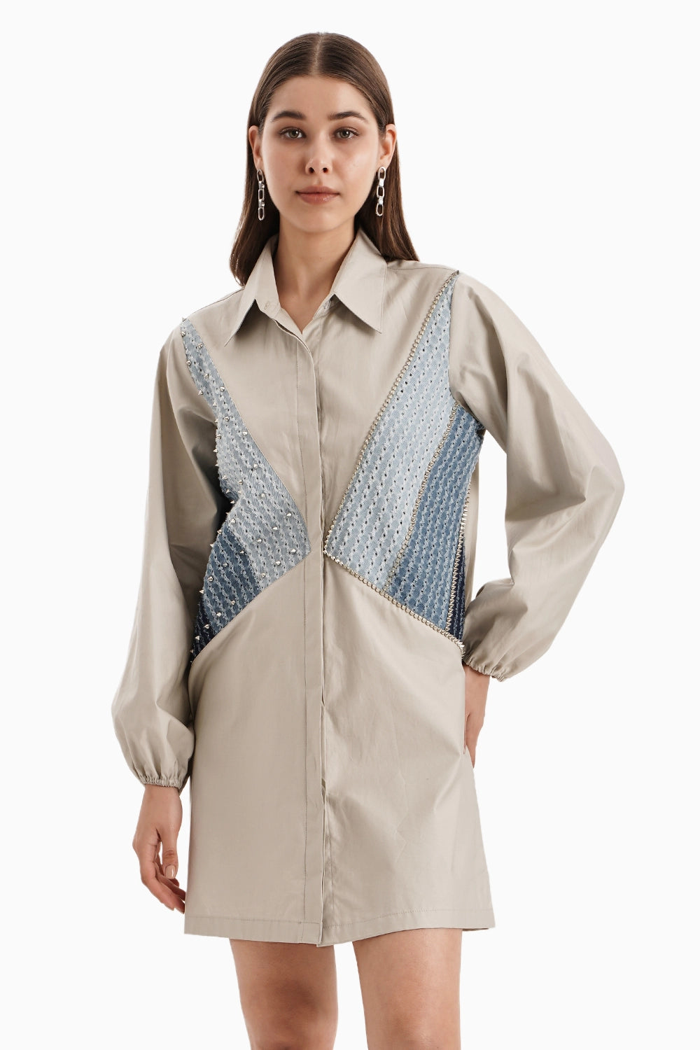 Taupe Cotton 3 Panel Denim Shirt Dress