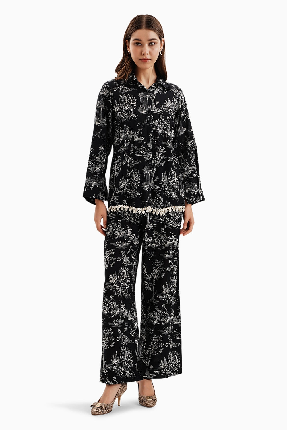 Black Cotton Mystic Castle Shirt Set