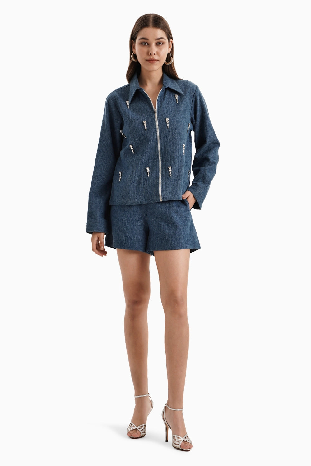 Medium Denim Herringbone Jacket and Shorts