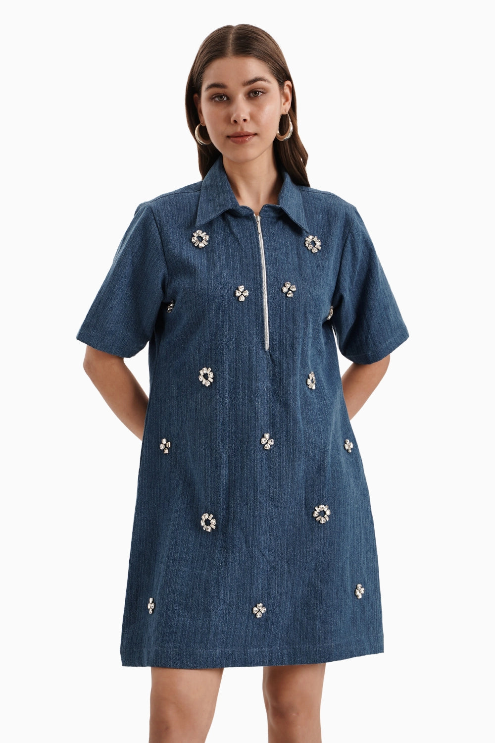 Medium Herringbone Denim Crystal Pendant Dress