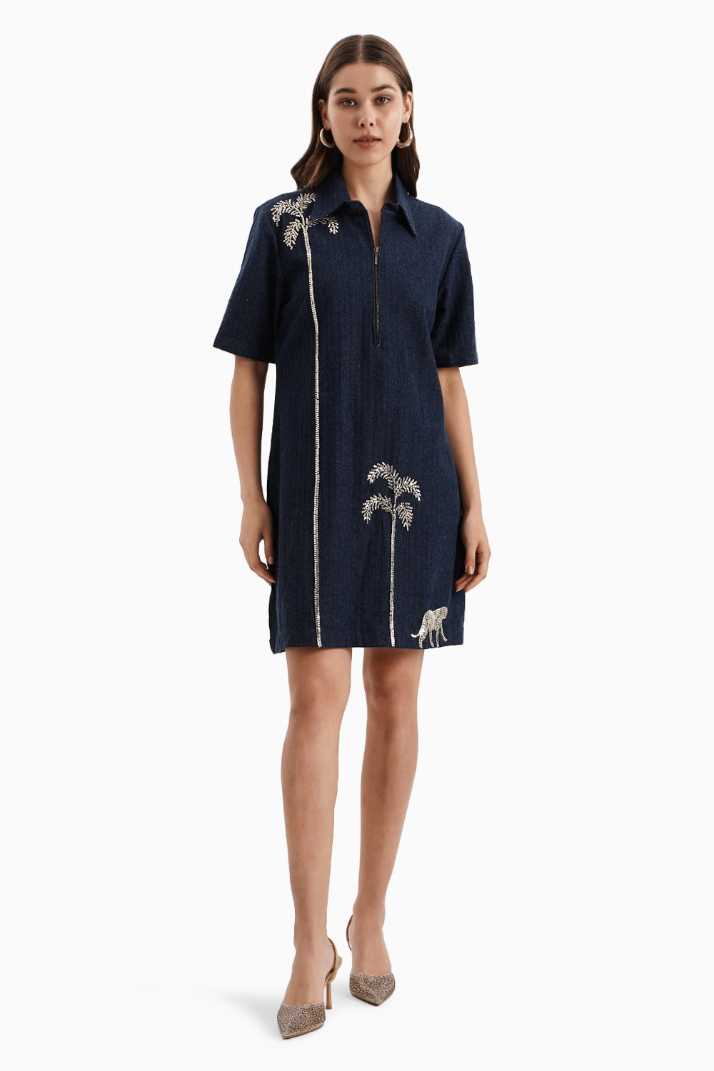 Dark Herringbone Denim Palm Dress