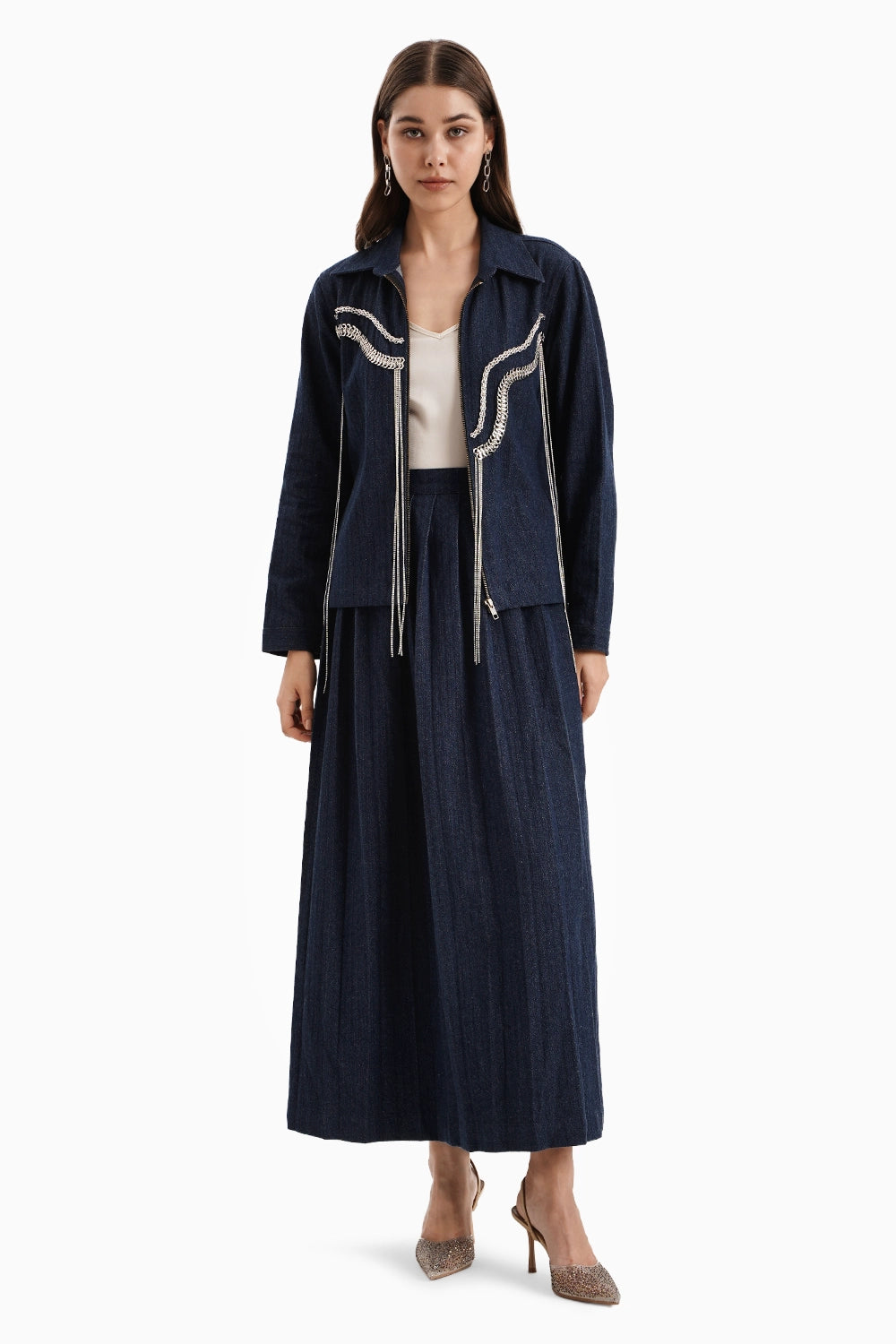 Dark Denim Herringbone Jacket and Skirt