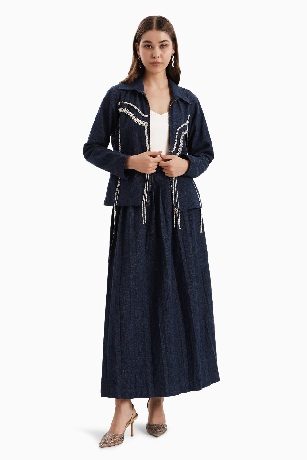 Dark Denim Herringbone Jacket and Skirt