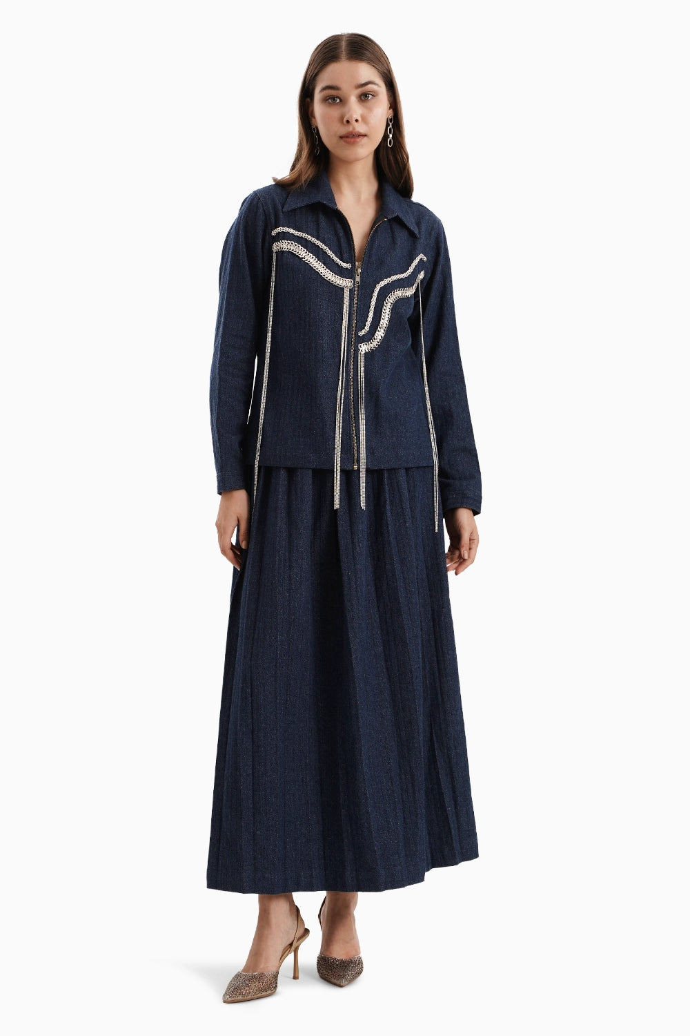 Dark Denim Herringbone Jacket and Skirt