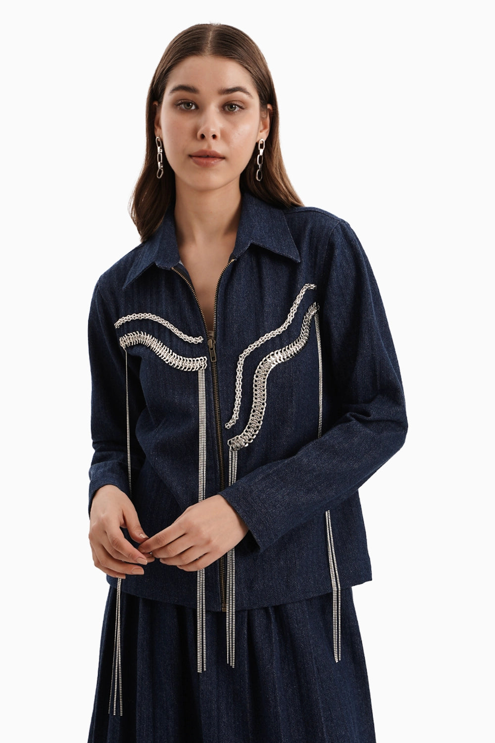 Dark Denim Herringbone Jacket and Skirt