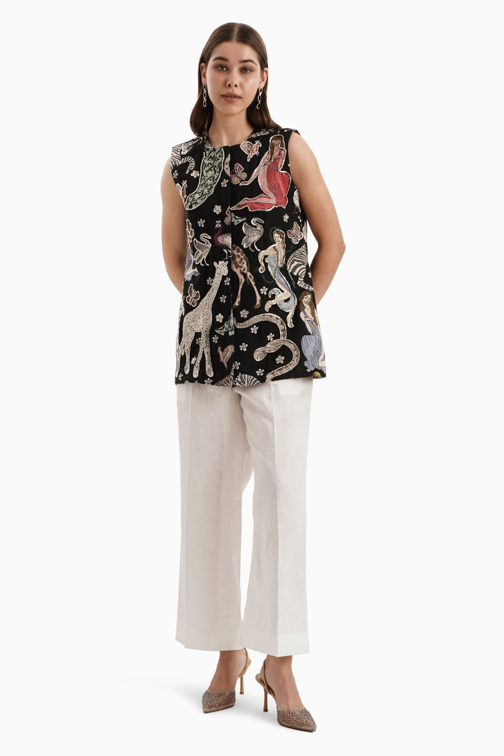 Black Animal Safari Jacket with White Linen Pants