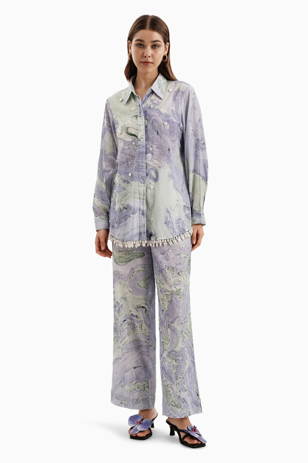 Blue Green Cotton Marble Shirt Set