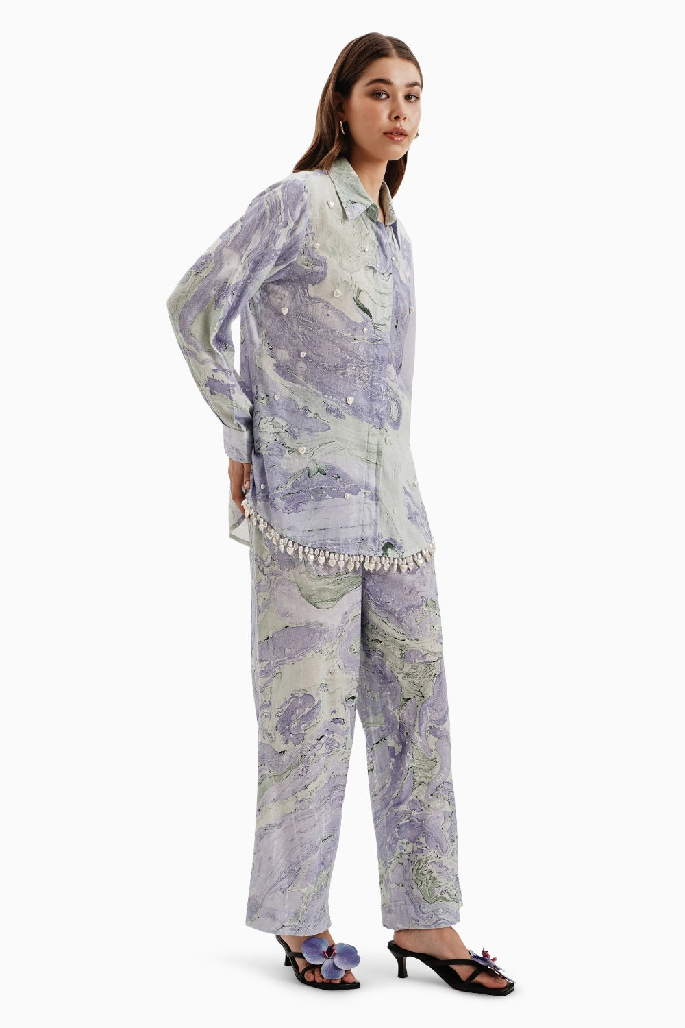 Blue Green Cotton Marble Shirt Set