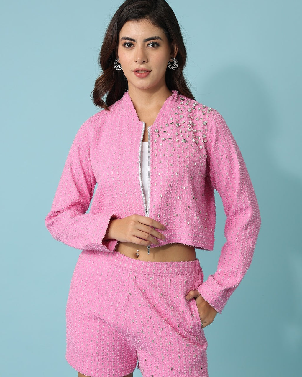 Pink Denim Jacket with Shorts