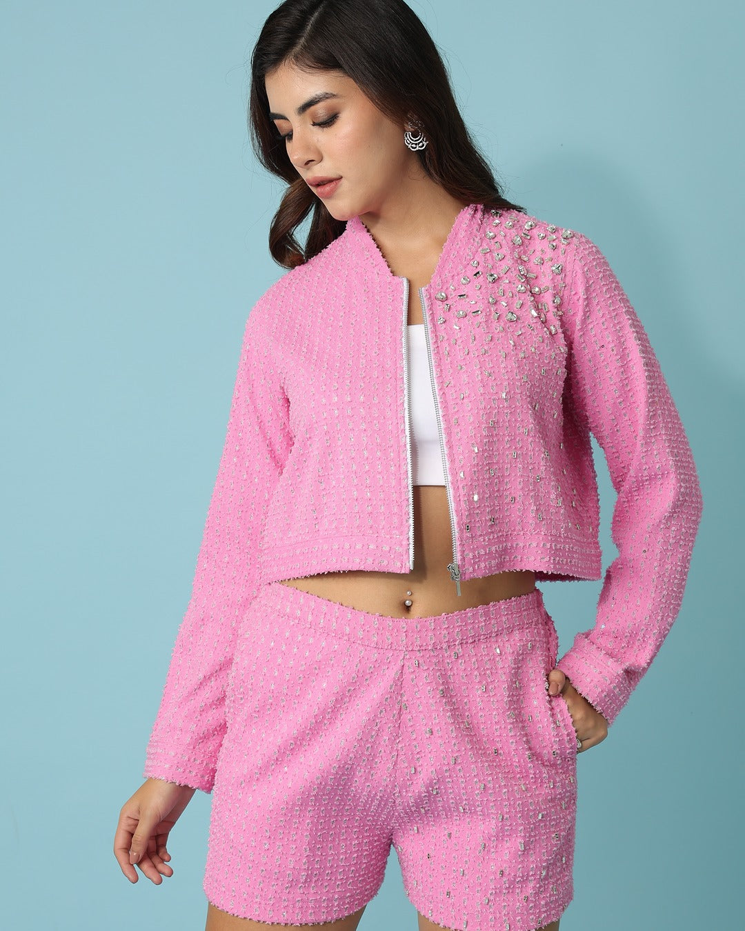 Pink Denim Jacket with Shorts