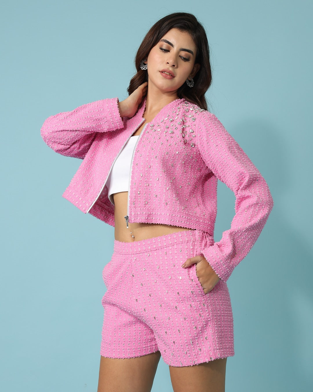 Pink Denim Jacket with Shorts