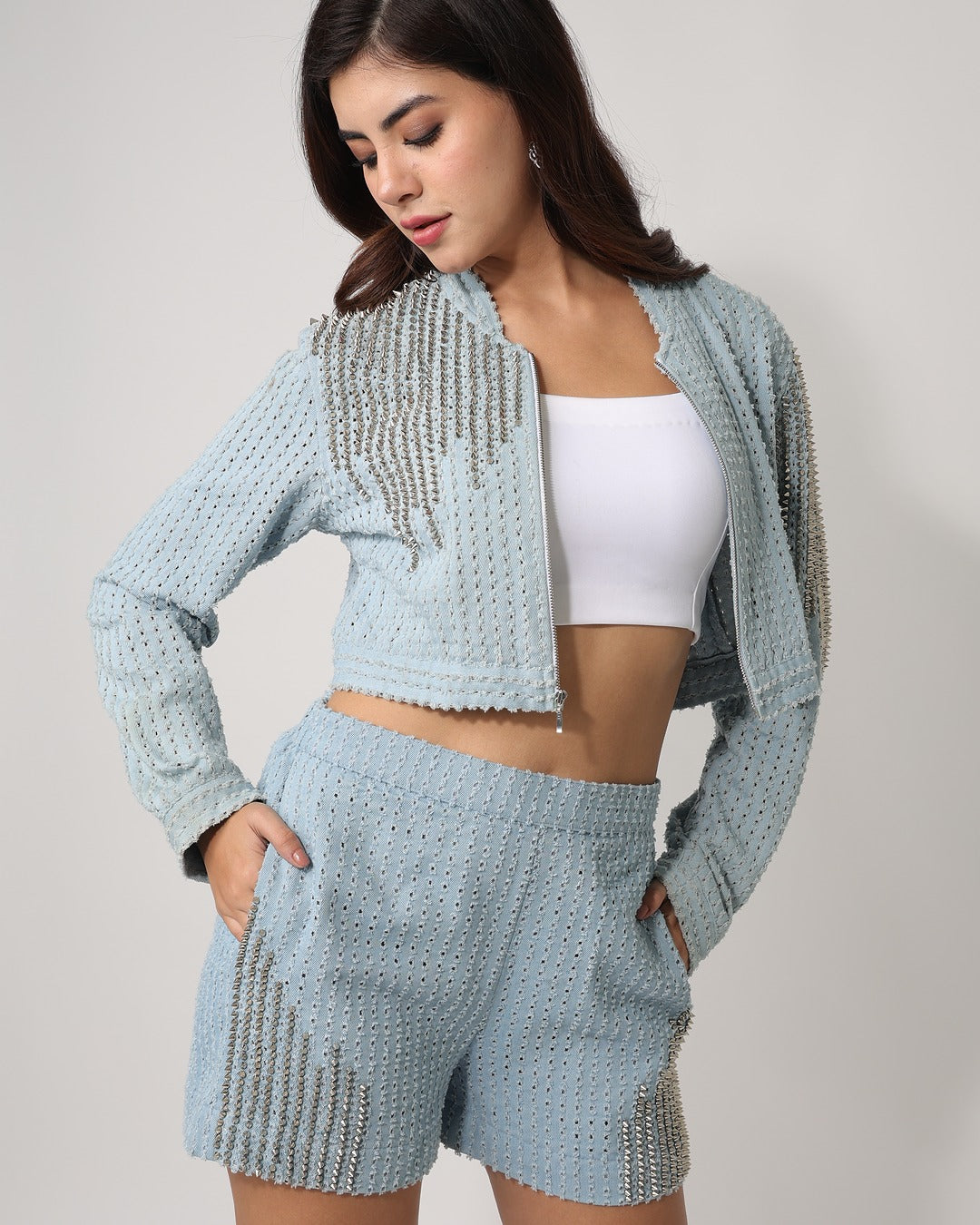 Light Denim Jacket with Shorts