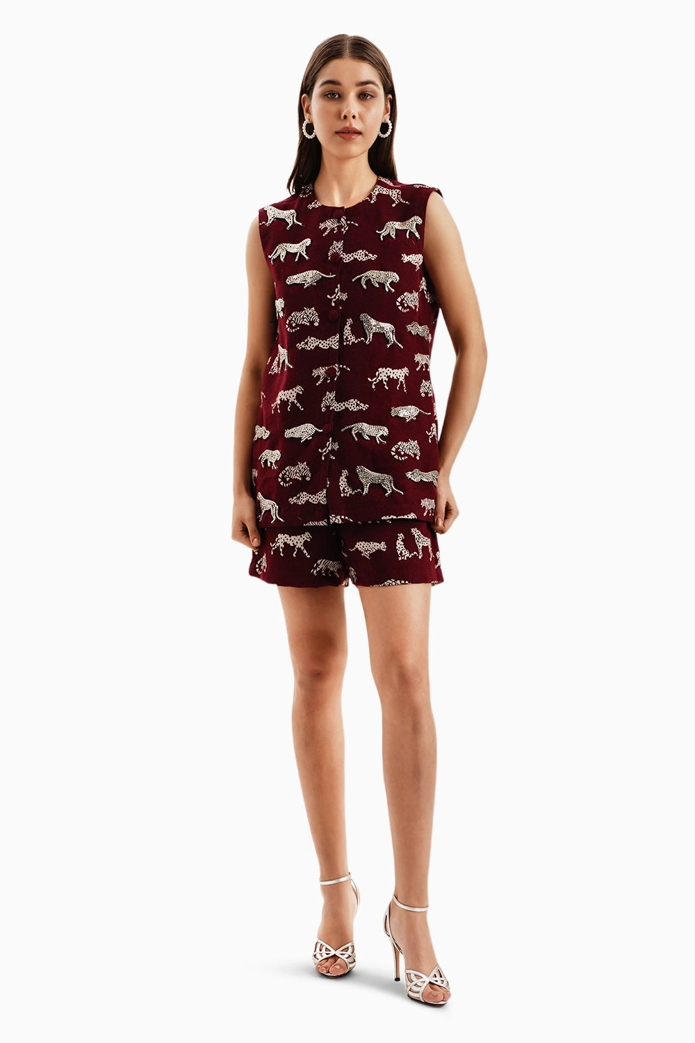 Maroon Leopard Jacquard Jacket and Shorts