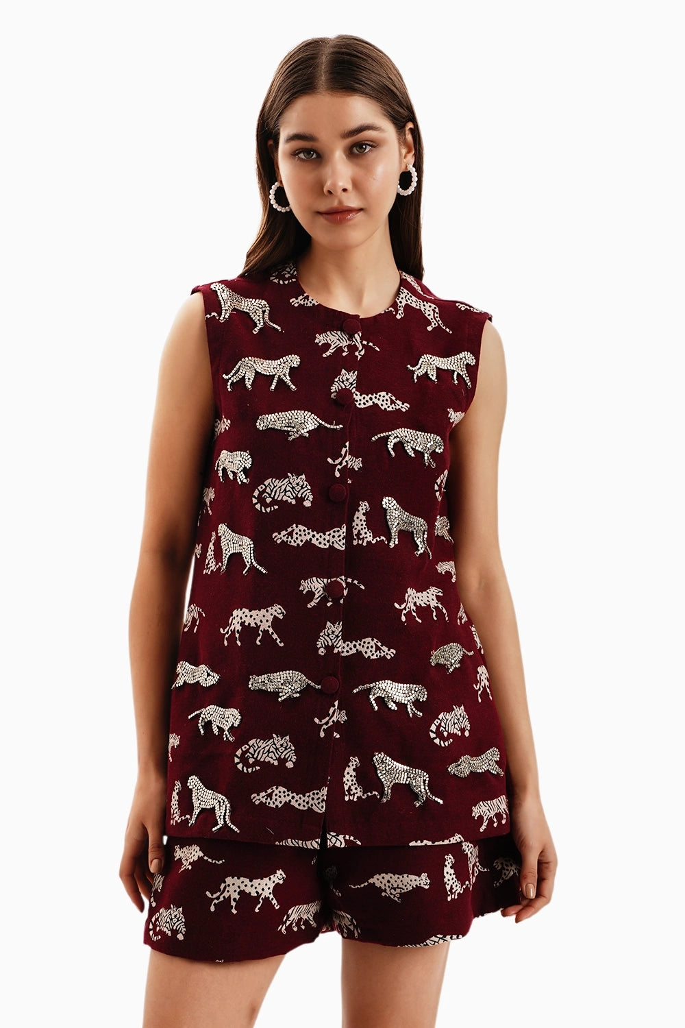 Maroon Leopard Jacquard Jacket and Shorts