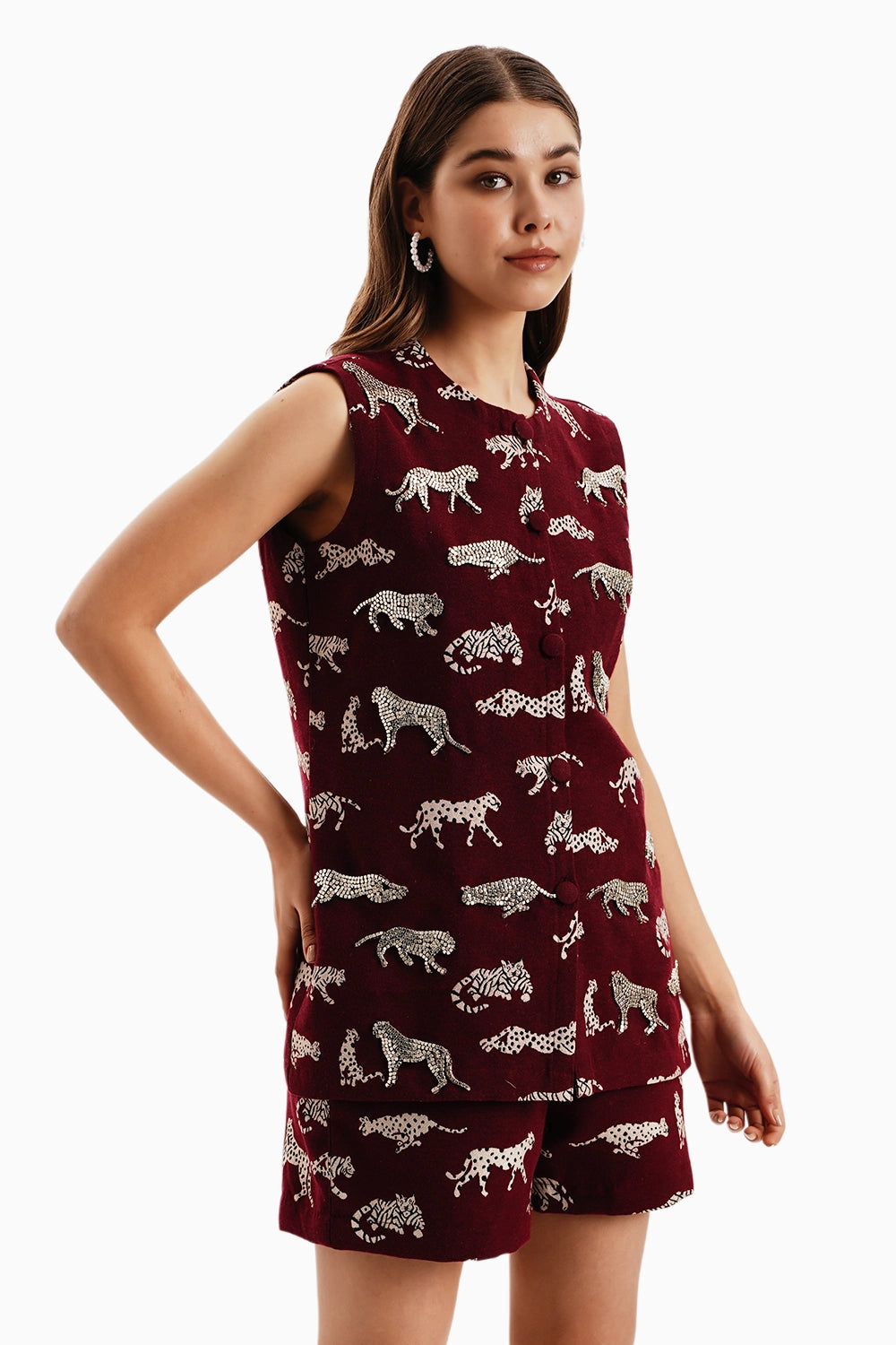 Maroon Leopard Jacquard Jacket and Shorts