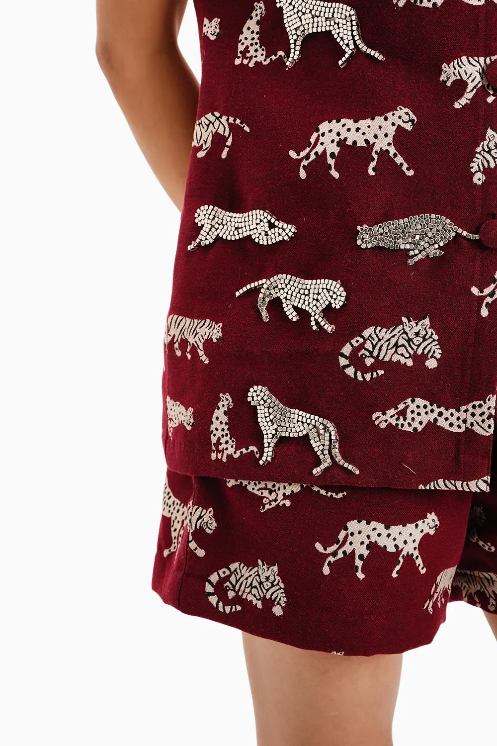 Maroon Leopard Jacquard Jacket and Shorts