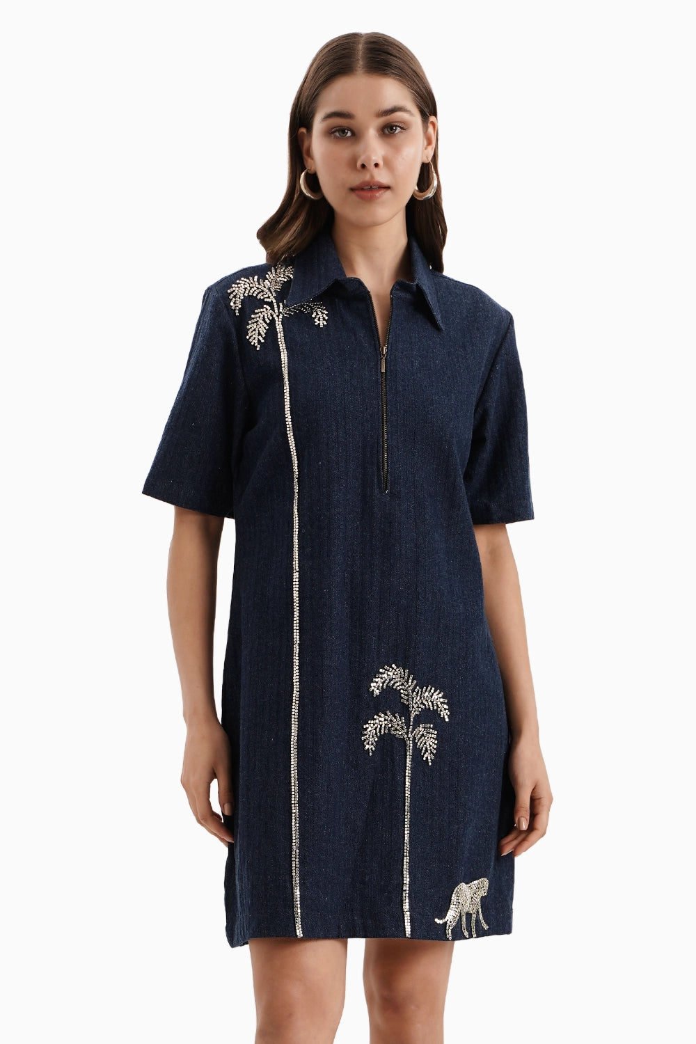 Dark Herringbone Denim Palm Dress