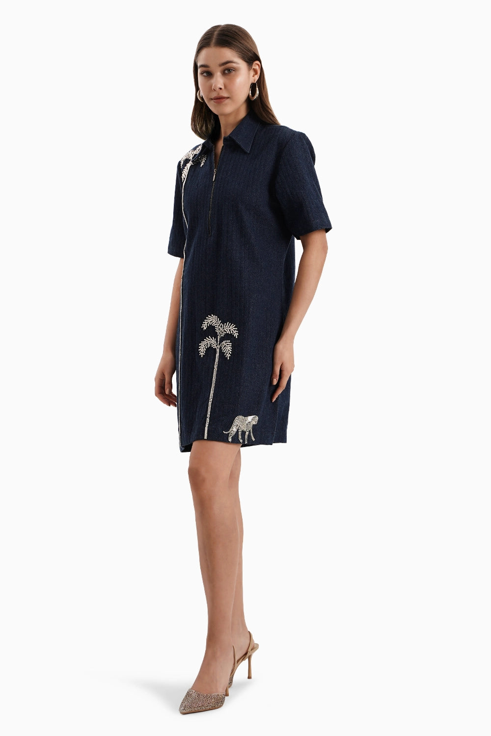 Dark Herringbone Denim Palm Dress