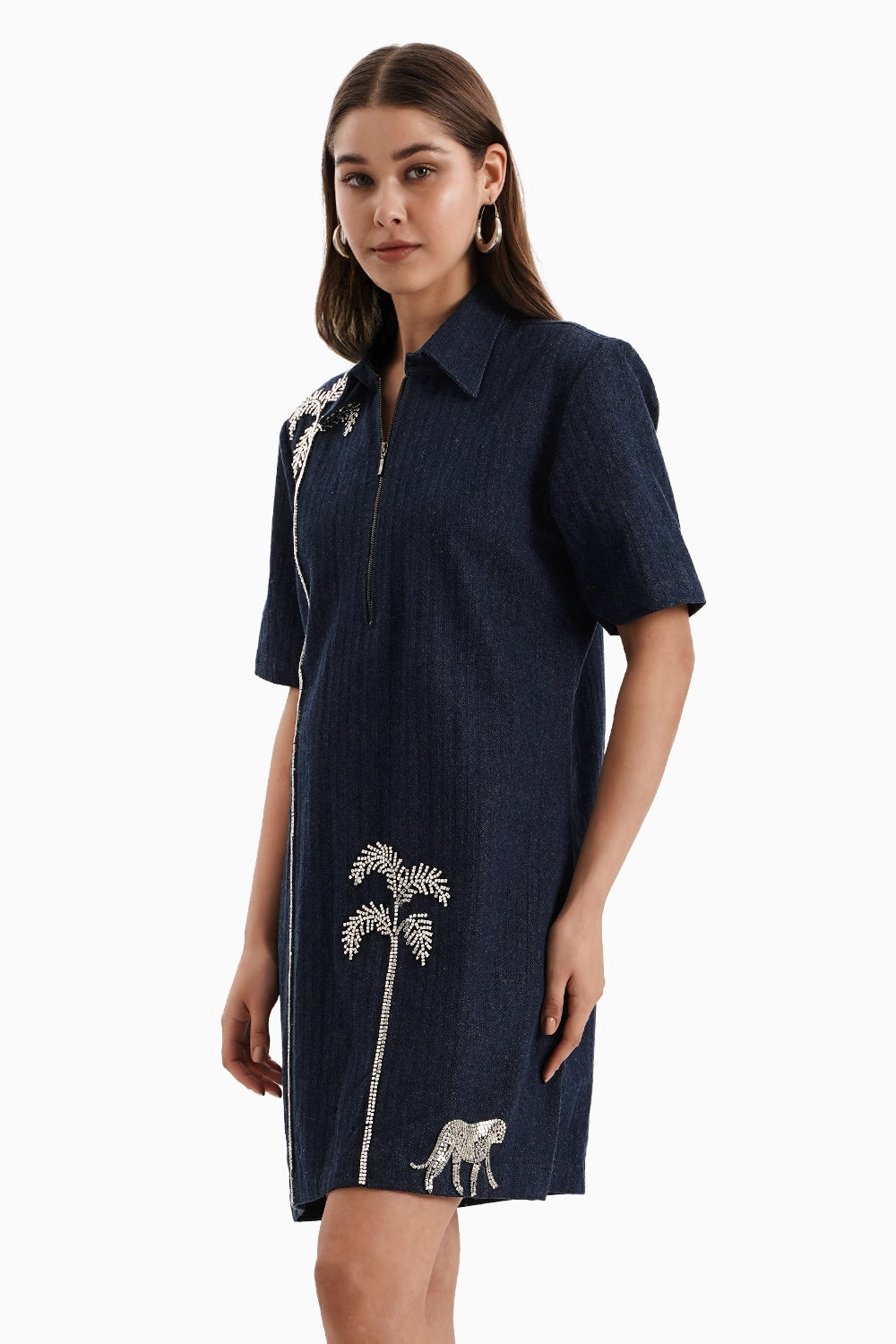 Dark Herringbone Denim Palm Dress