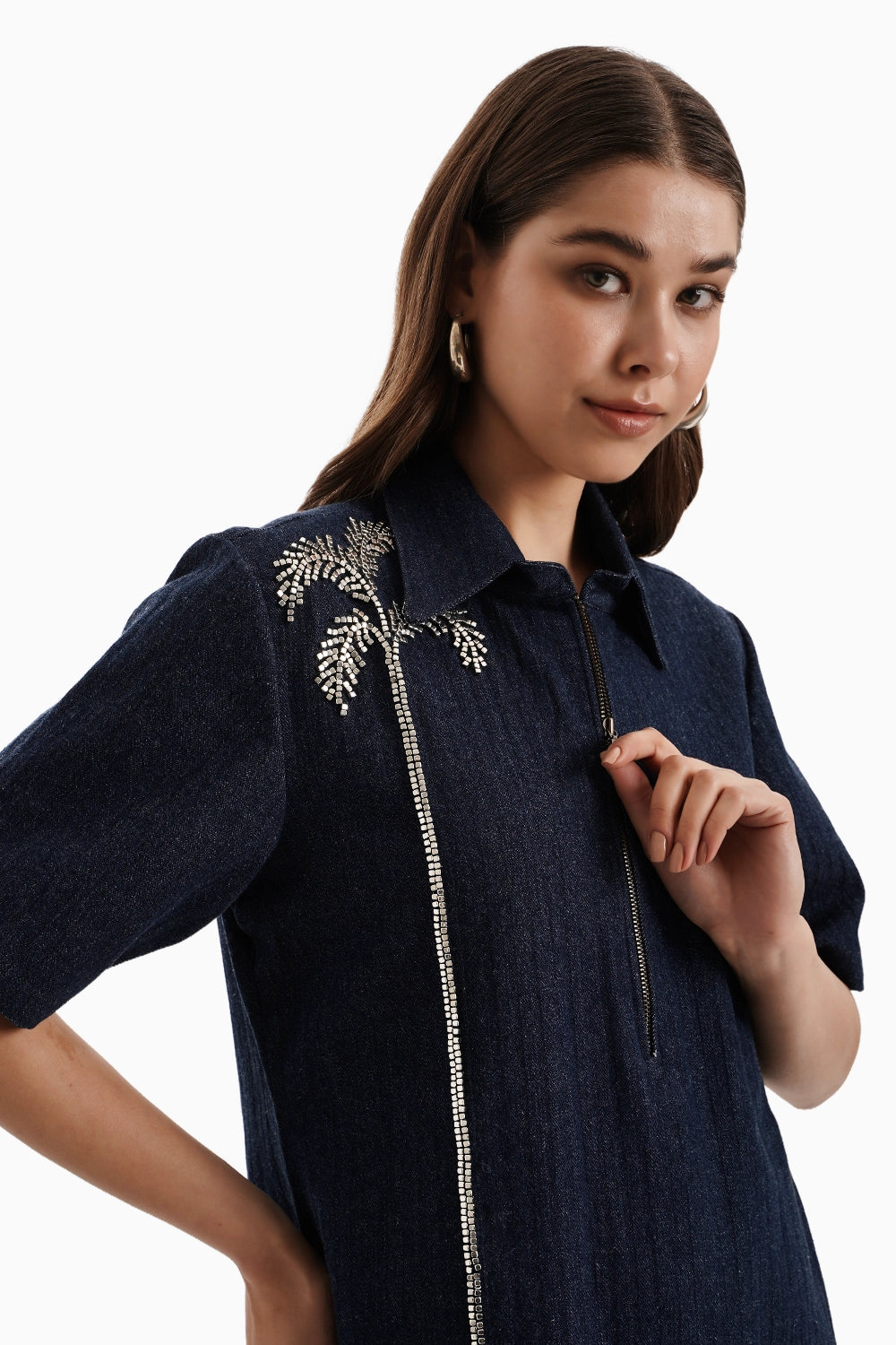 Dark Herringbone Denim Palm Dress