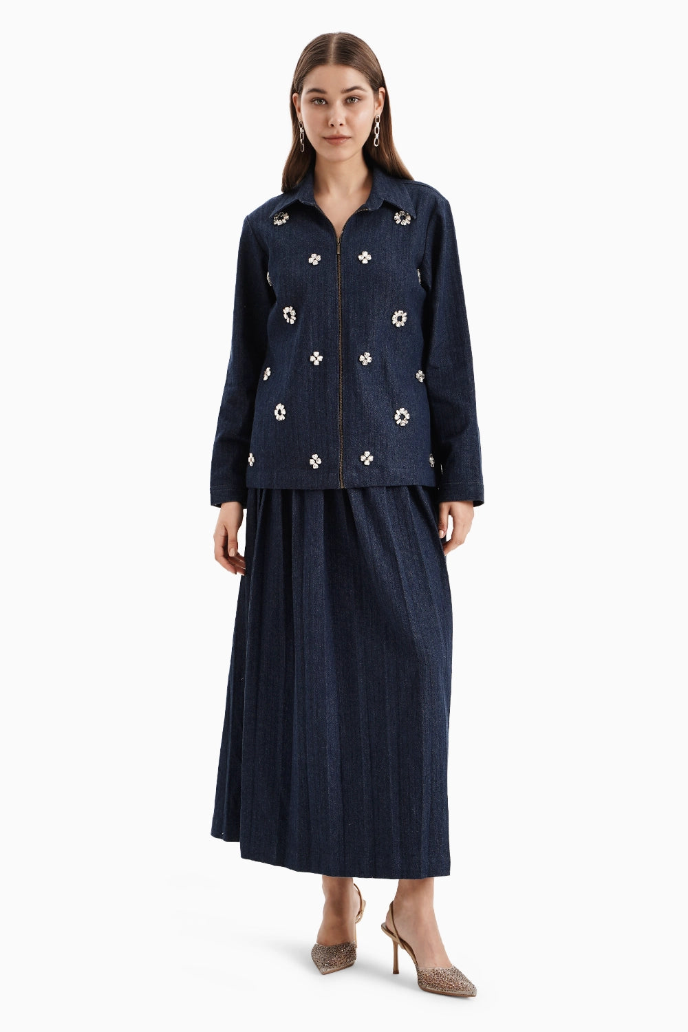 Dark Herringbone Denim Jacket and Skirt