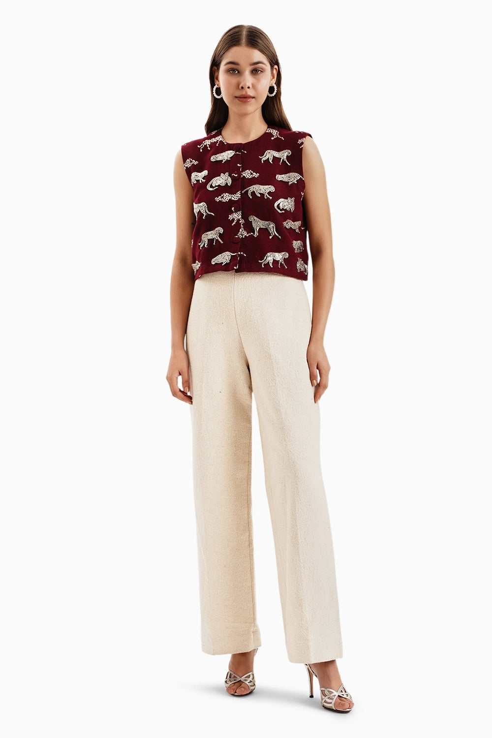 Maroon Leopard Jacquard Crop Jacket with Beige Pants