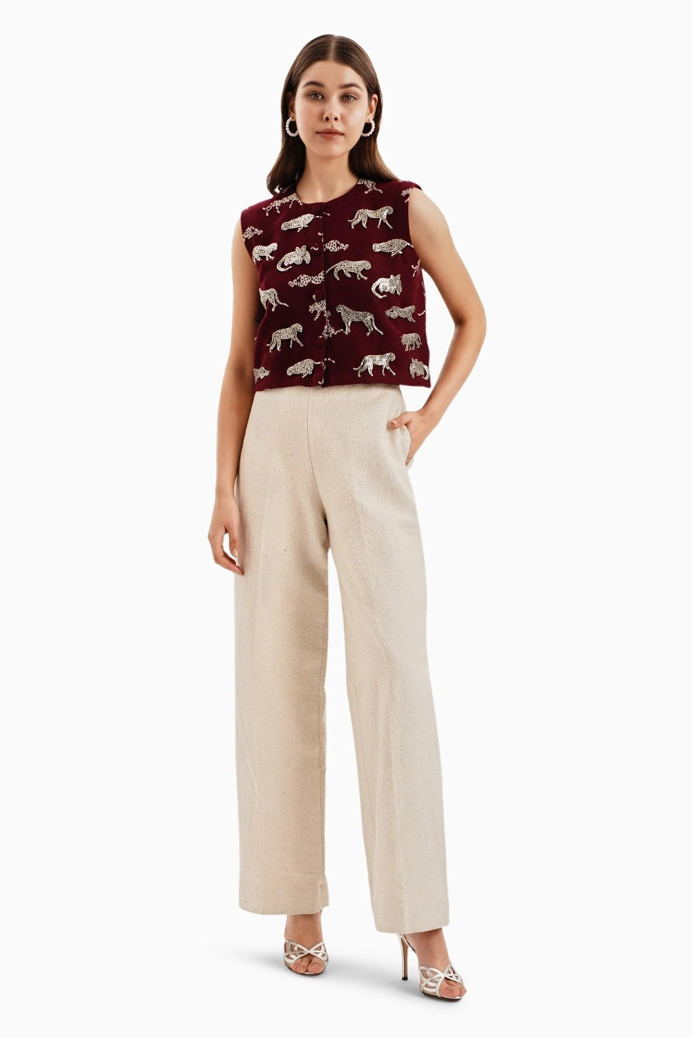 Maroon Leopard Jacquard Crop Jacket with Beige Pants