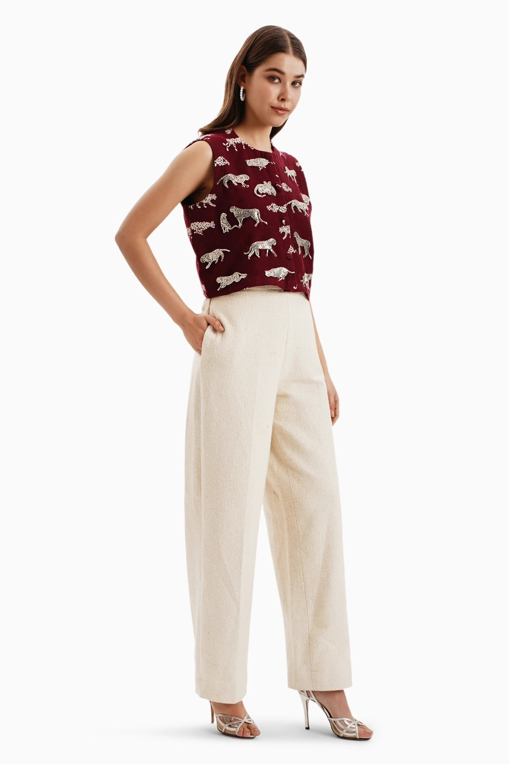 Maroon Leopard Jacquard Crop Jacket with Beige Pants