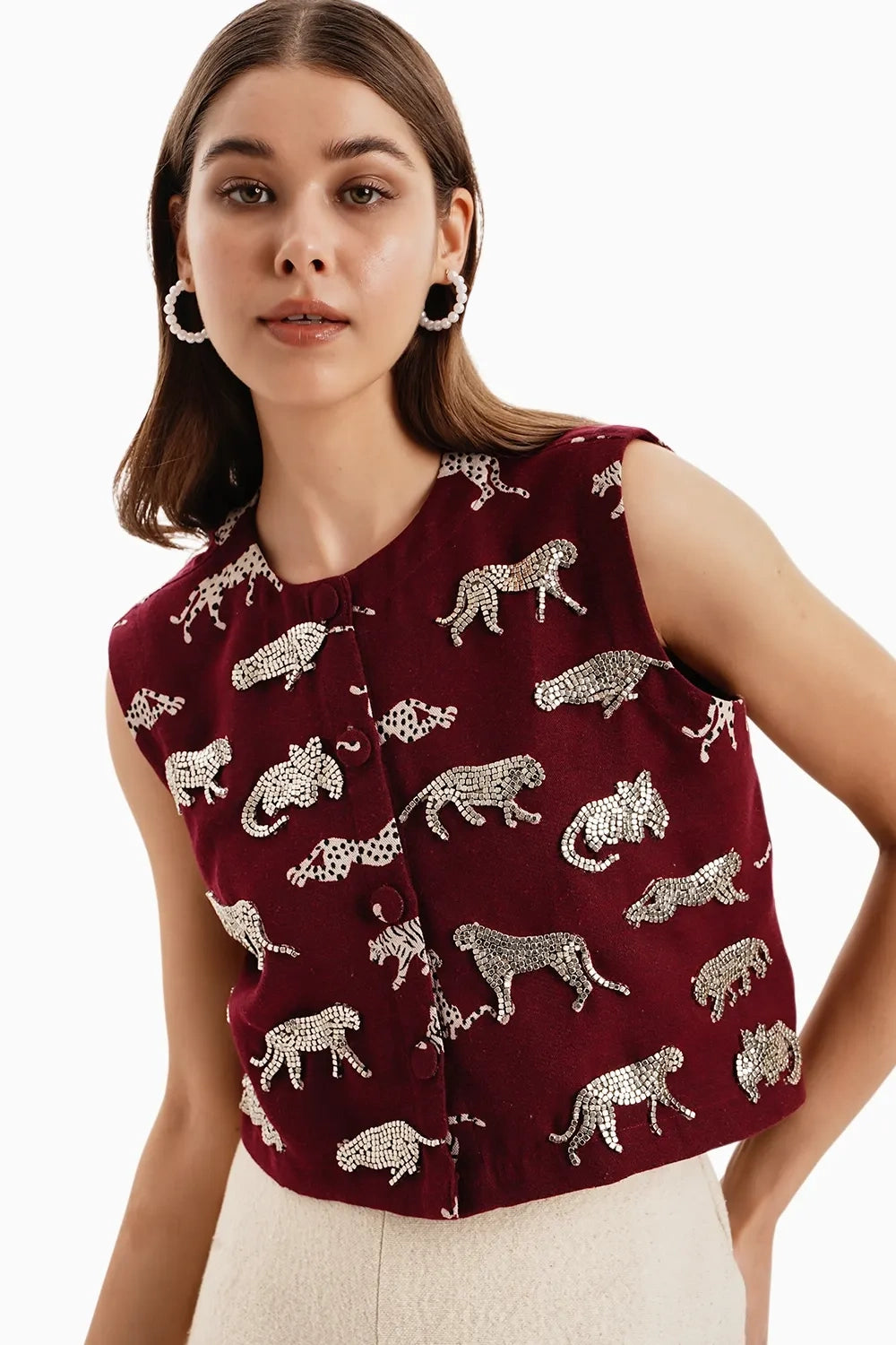 Maroon Leopard Jacquard Crop Jacket with Beige Pants