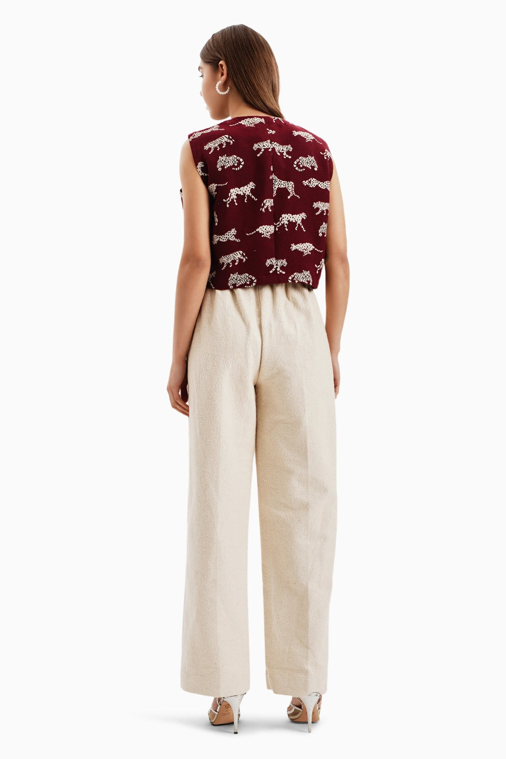 Maroon Leopard Jacquard Crop Jacket with Beige Pants