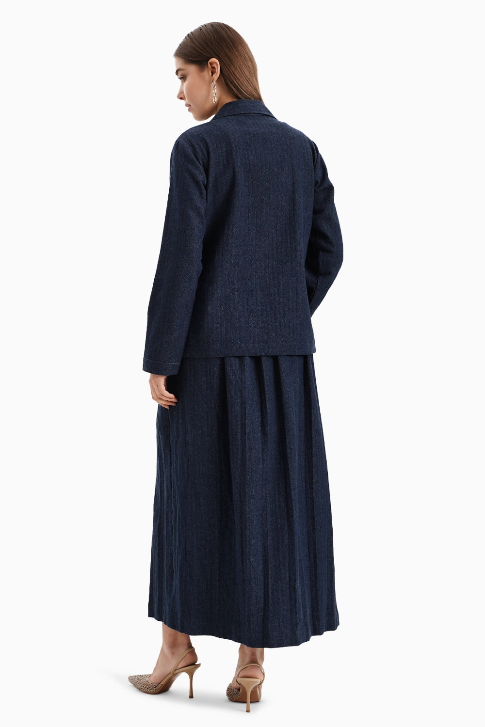 Dark Herringbone Denim Jacket and Skirt