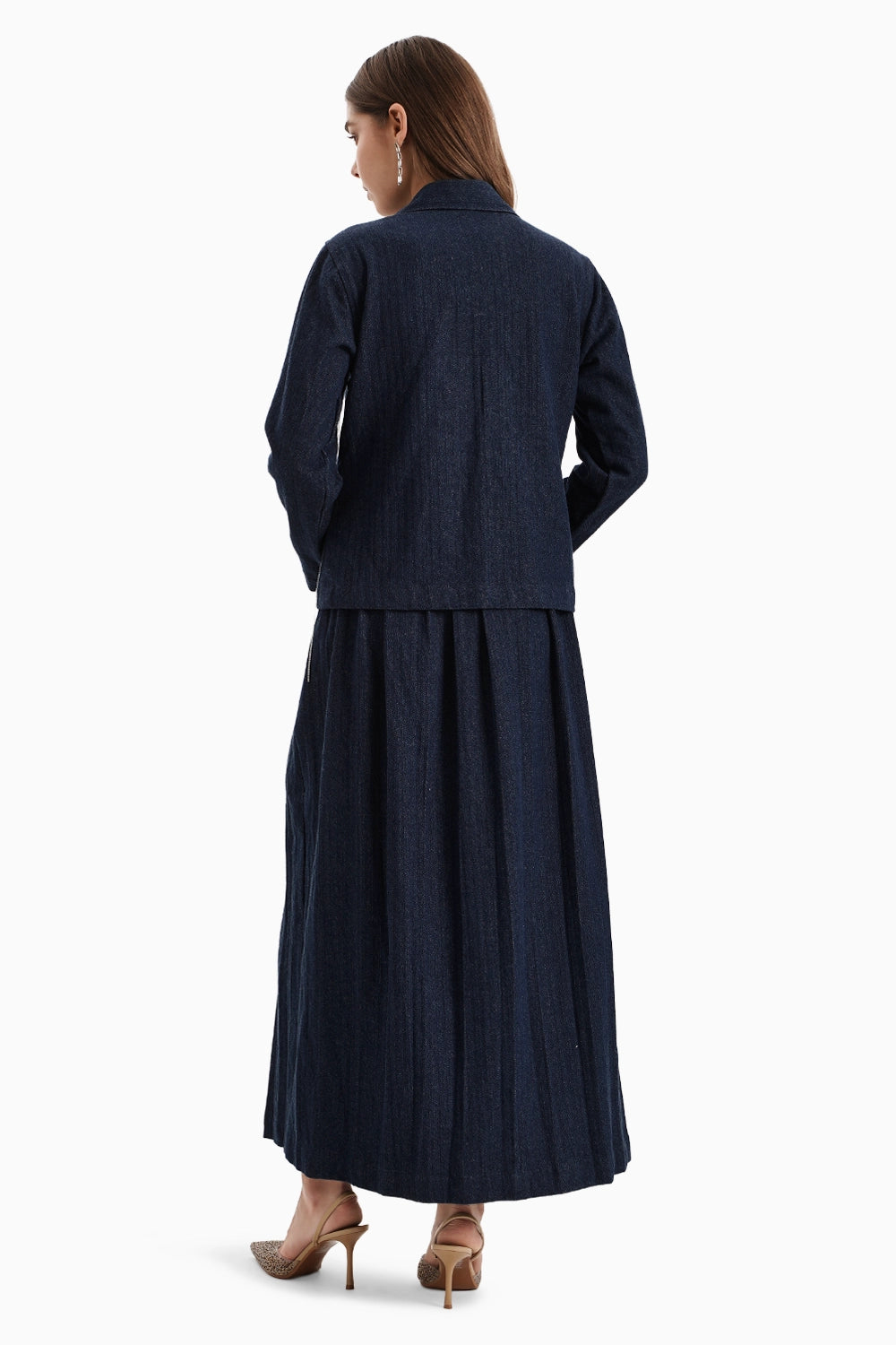 Dark Herringbone Denim Jacket and Skirt