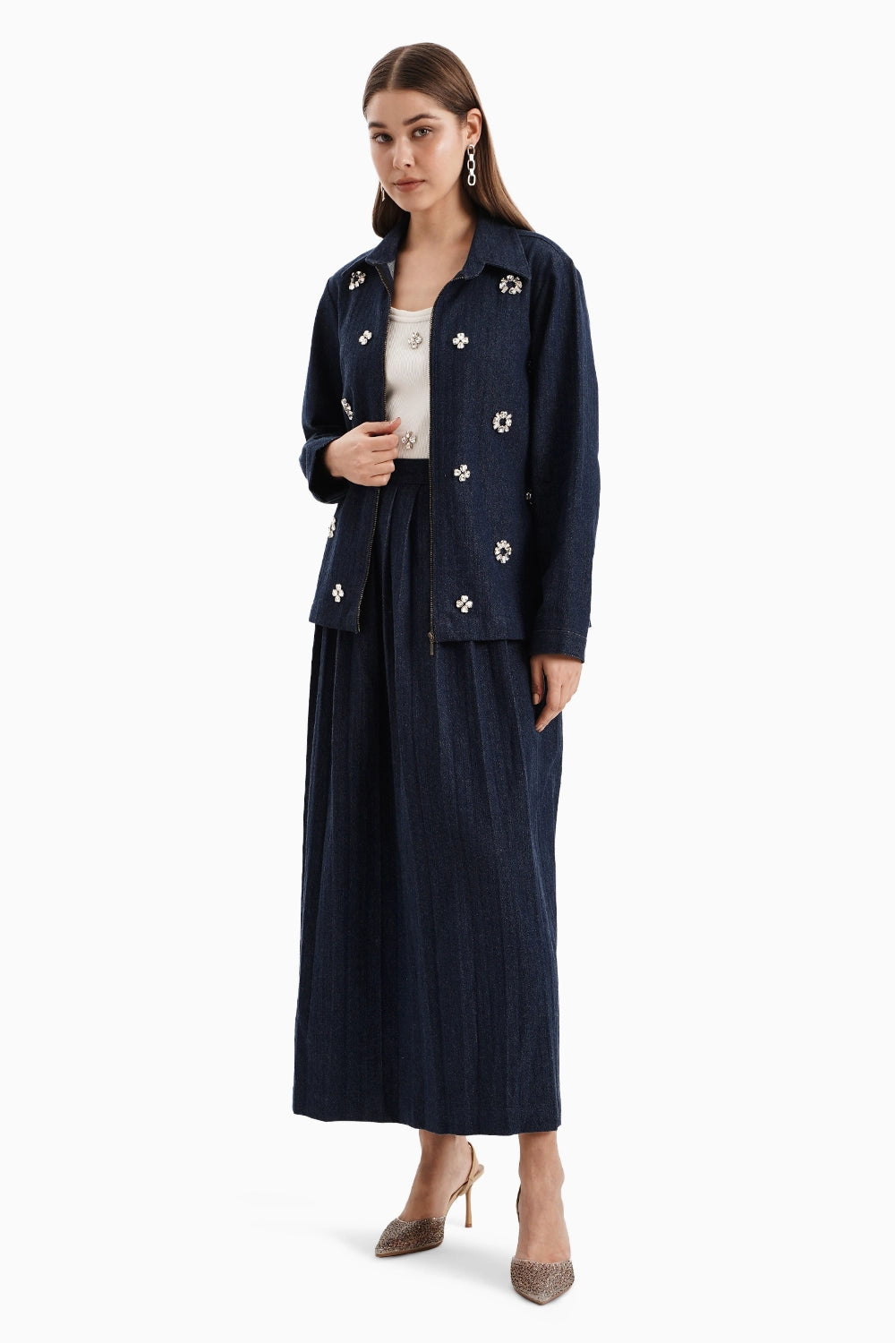 Dark Herringbone Denim Jacket and Skirt