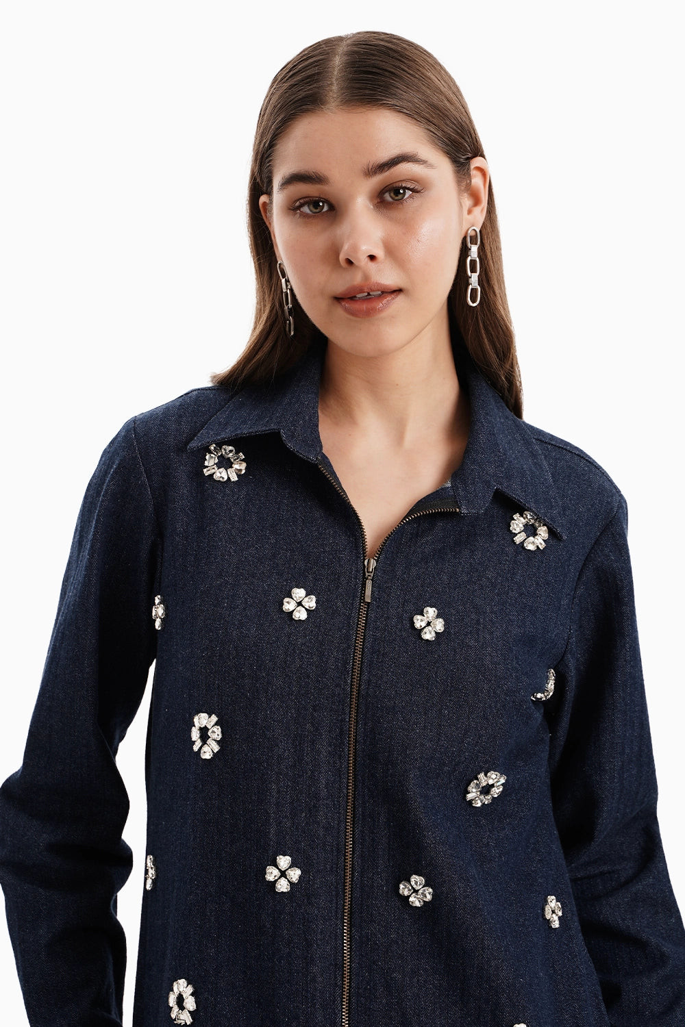 Dark Herringbone Denim Jacket and Skirt