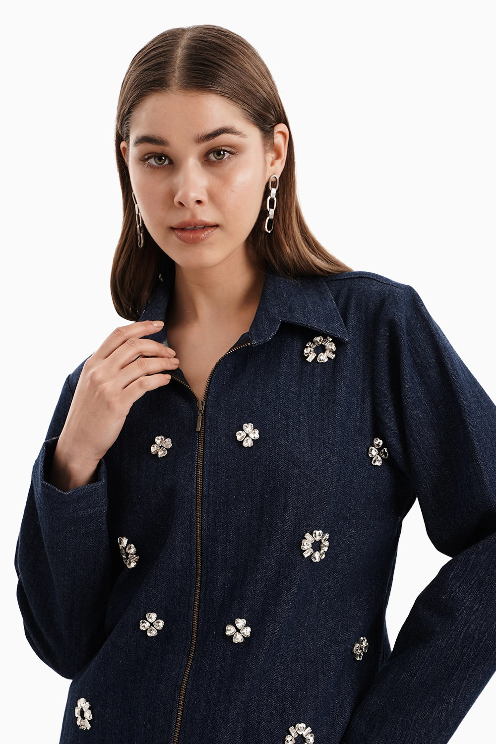 Dark Herringbone Denim Jacket and Skirt