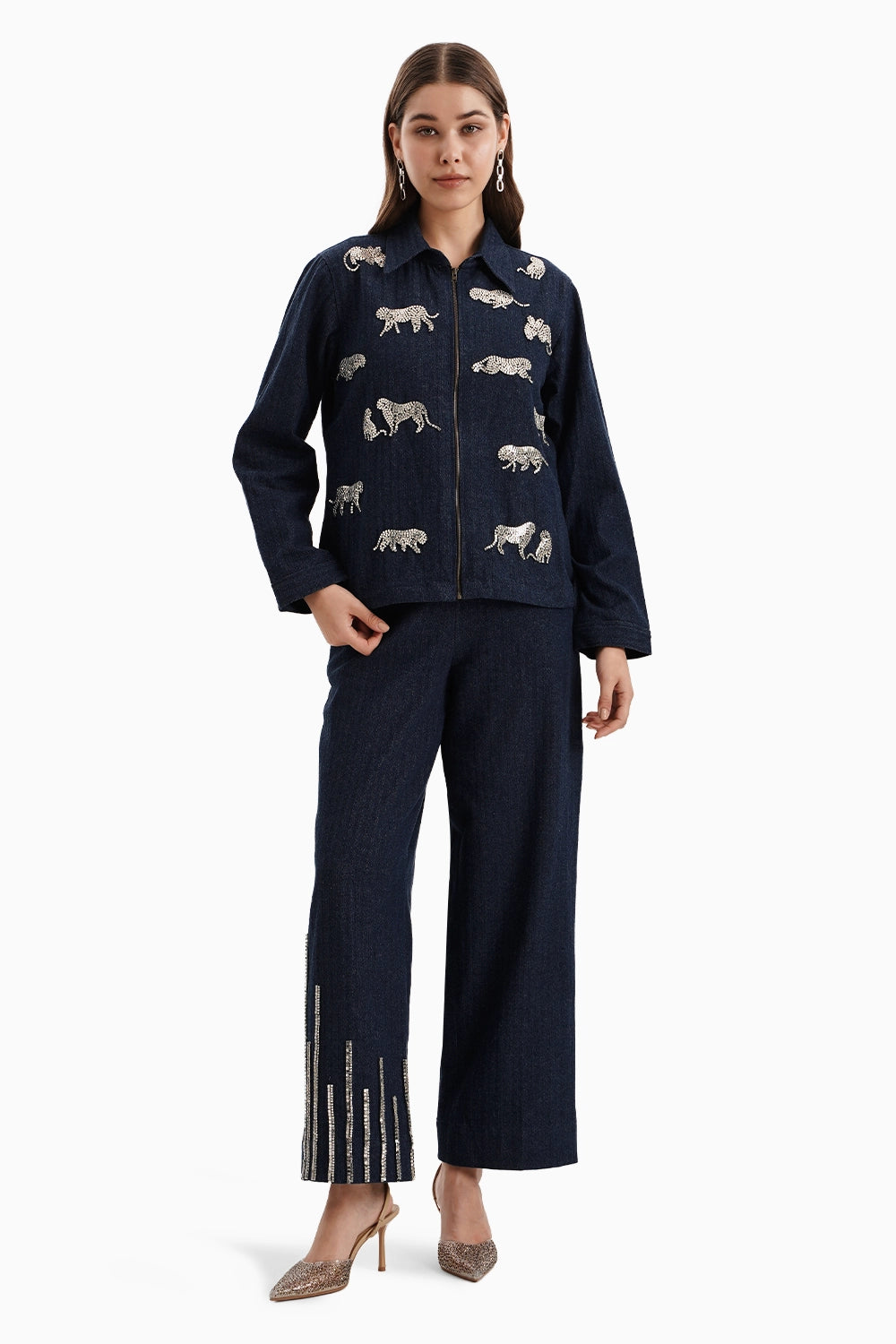 Dark Herringbone Denim Leopard Set