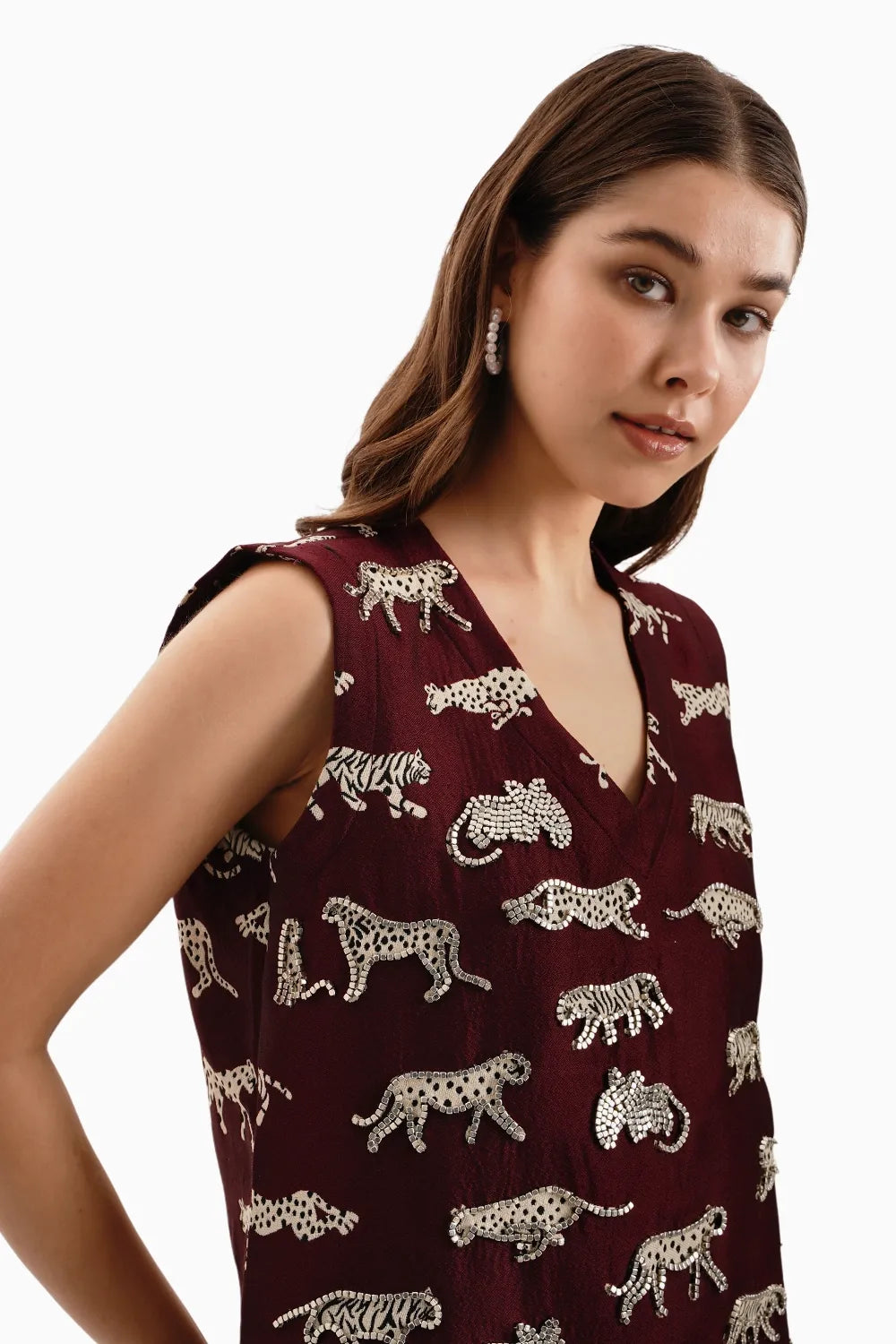Maroon Leopard Jacquard Dress
