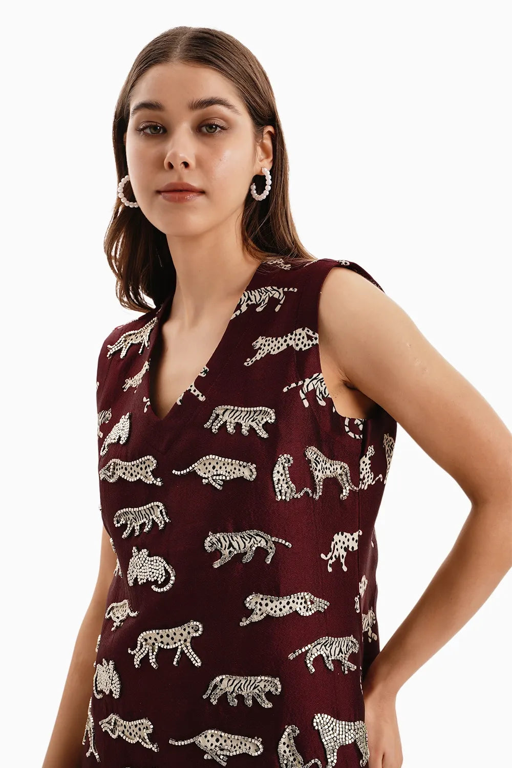 Maroon Leopard Jacquard Dress