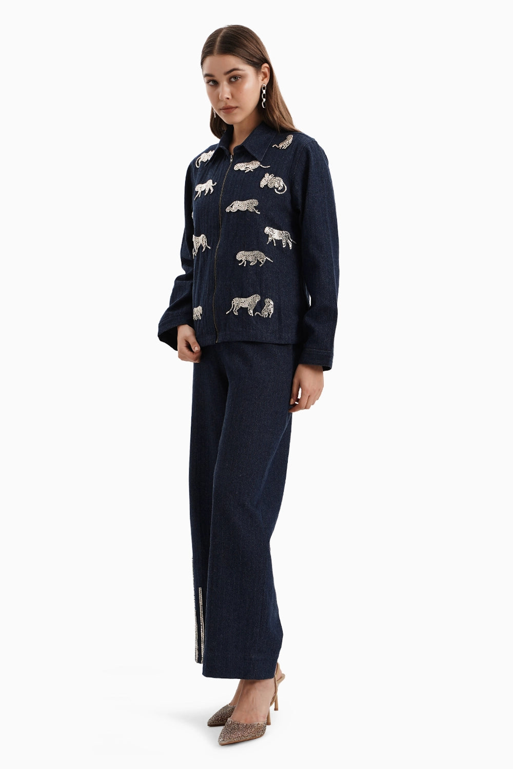 Dark Herringbone Denim Leopard Set