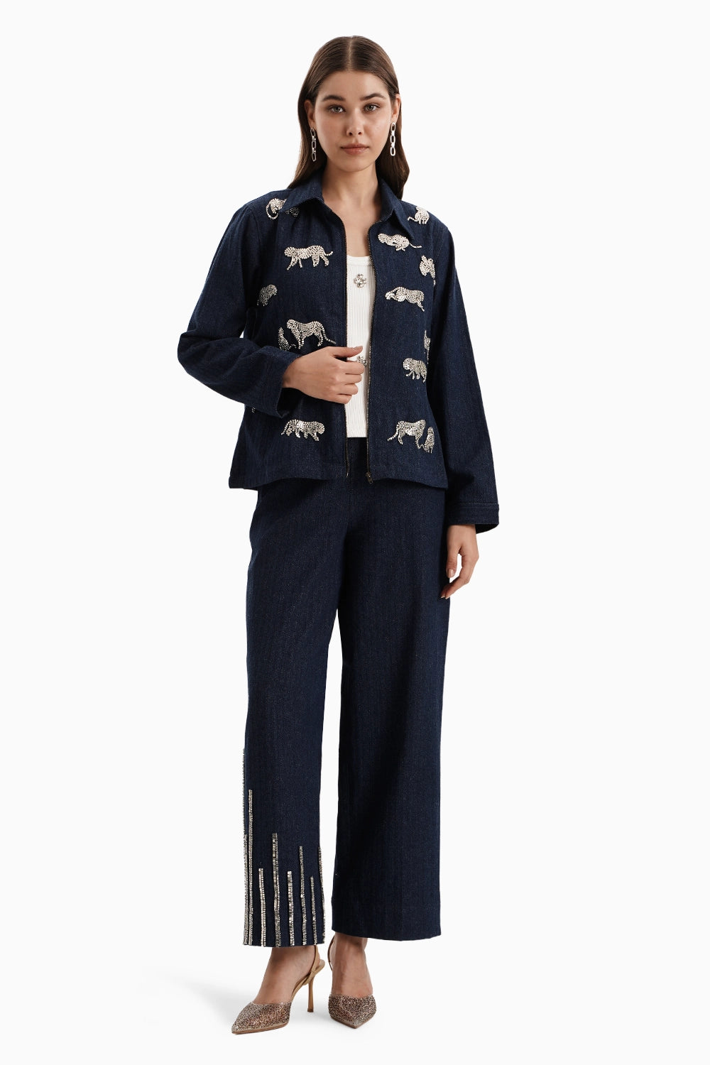 Dark Herringbone Denim Leopard Set