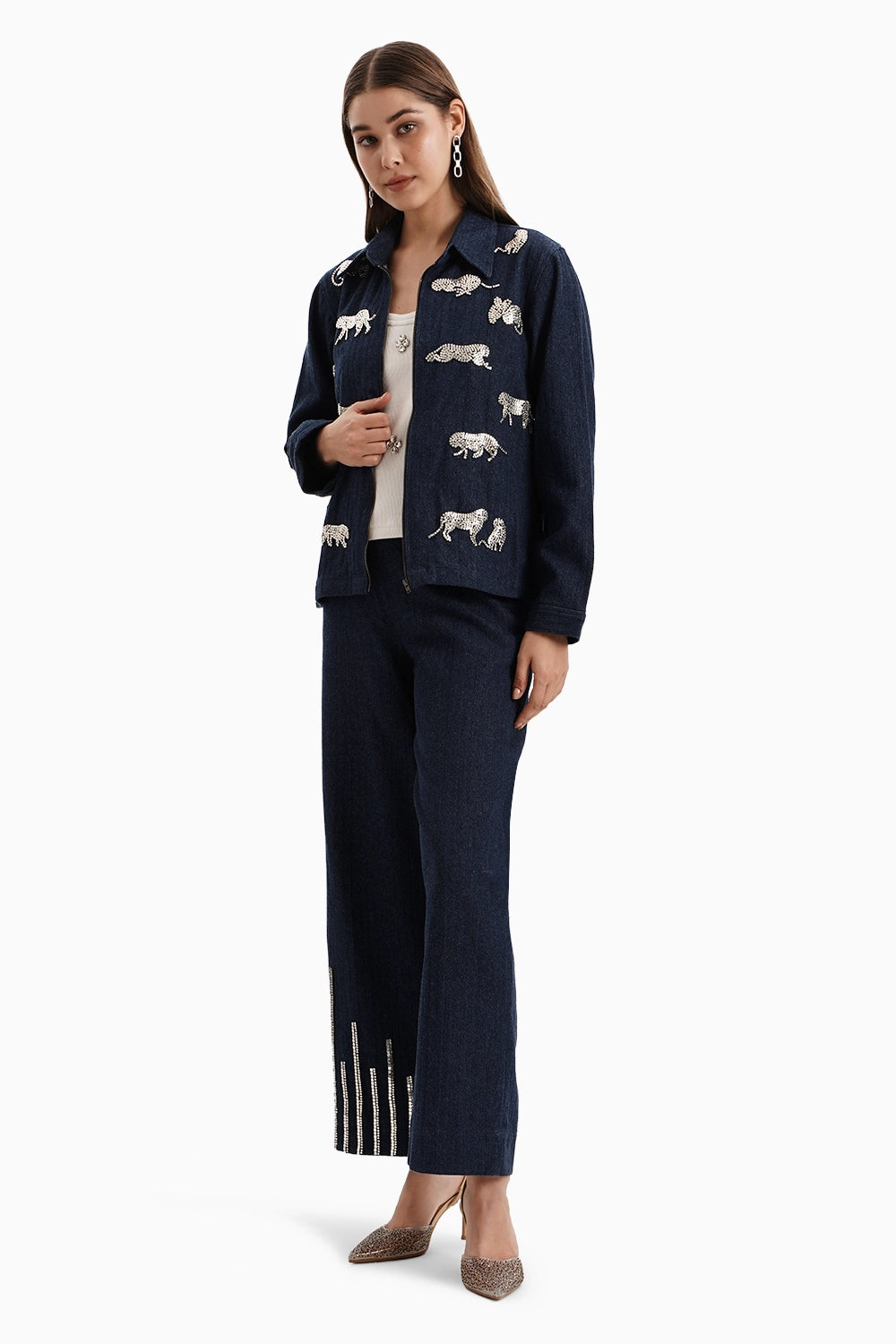 Dark Herringbone Denim Leopard Set