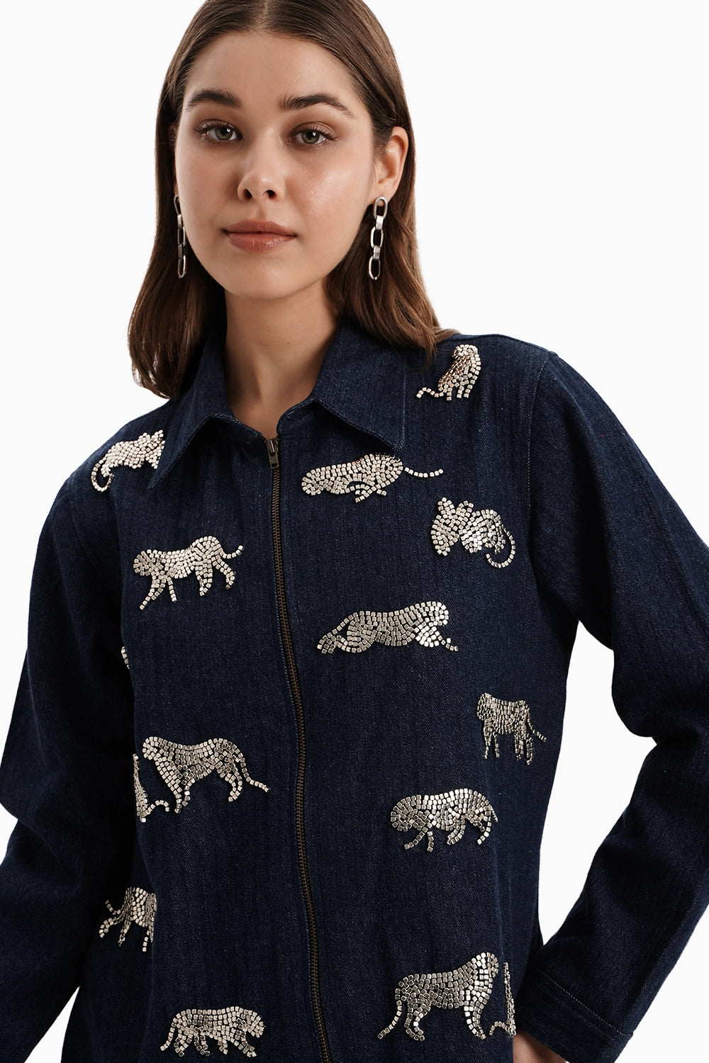 Dark Herringbone Denim Leopard Set