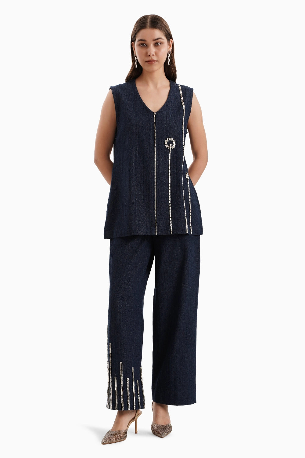 Dark Herringbone Denim Flower Jacket and Pants Set