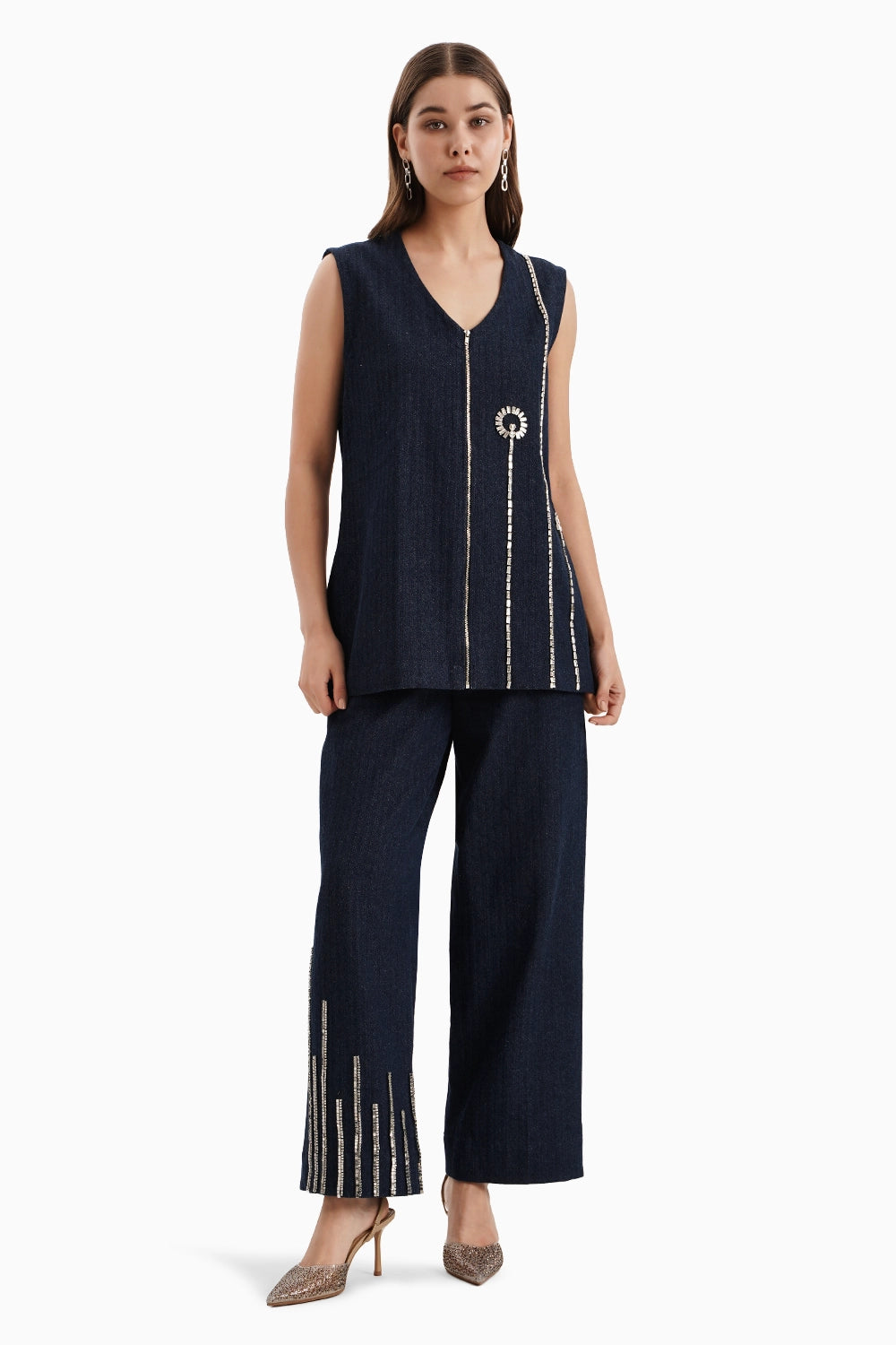 Dark Herringbone Denim Flower Jacket and Pants Set