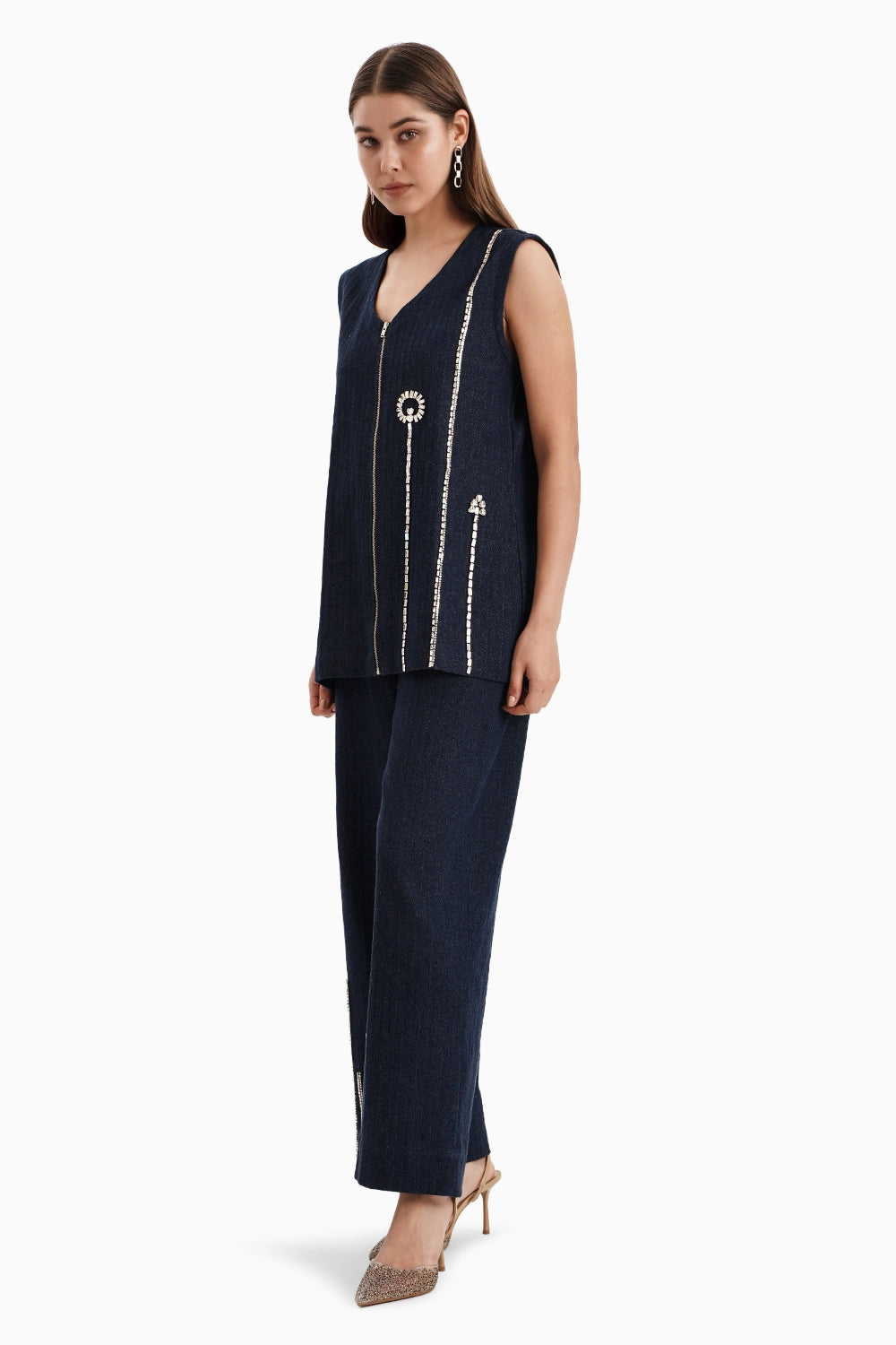 Dark Herringbone Denim Flower Jacket and Pants Set